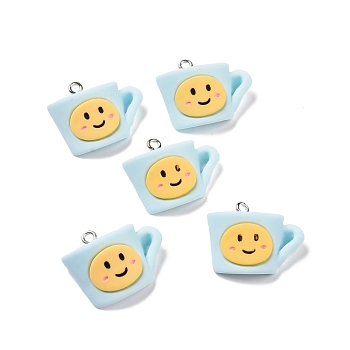 Opaque Resin Pendants, with Platinum Tone Iron Loops, Cup Charm with Smiling Face, Light Sky Blue, 19.5x24.5x9mm, Hole: 2mm