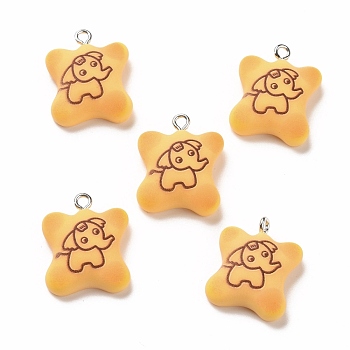 Resin Pendants, with Platinum Iron Findings, Imitation Food, Biscuit with Bear Pattern, Elephant Pattern, 21.5x18x8.5mm, Hole: 2mm