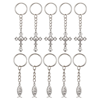 Tibetan Style Alloy Keychain, with Iron Split Key Rings, Cross/Jesus Fish Charms, Antique Silver, 9.4cm, 10pcs/set