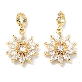 Brass Pave Clear Cubic Zirconia European Dangle Charms, Large Hole Beads, Flower, Real 18K Gold Plated, 25mm, Flower: 17.5x15x6mm, Hole: 4mm