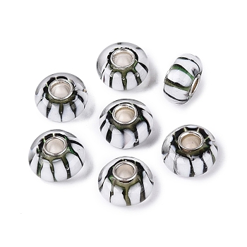 Handmade Lampwork & Brass Core European Beads, Large Hole Beads, Rondelle with Line Pattern, White, 13~15x7.5~8.5mm, Hole: 4~4.5mm