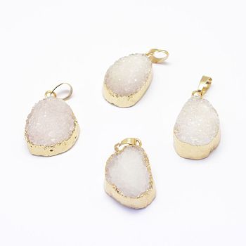 Electroplated Natural Druzy Agate Pendants, Golden, Drop, Old Lace, 28~37.5x15~24x8~10mm, Hole: 5x7mm
