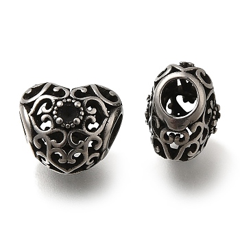 304 Stainless Steel European Beads, Large Hole Beads, Hollow Heart, Antique Silver, 10.5x11.5x8.5mm, Hole: 4mm