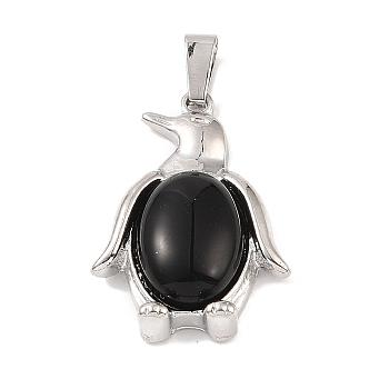 Natural Obsidian Pendants, with Alloy and Iron Findings, Penguin, Platinum, 34x23.5x7mm, Hole: 8x4mm