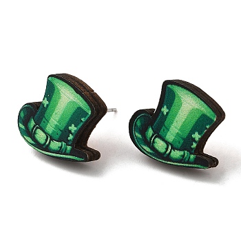 Saint Patrick's Day Green Wood Stud Earrings, with 316 Stainless Steel Pins, Hat, 14.5x17mm
