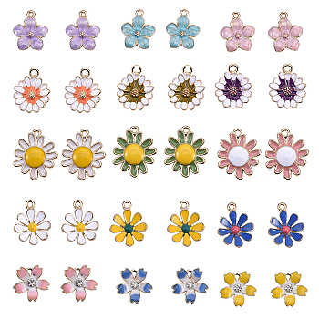 Alloy Enamel Pendants, Flower, Light Gold, Mixed Color, 30pcs/box