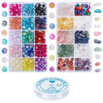 AHANDMAKER 2 Sets 2 Style Natural & Synthetic Gemstone & Shell Beads, Chips, Round Transparent Glass Beads, with Elastic Thread, for DIY Jewelry Making, Mixed Color, 8.5x7.5mm