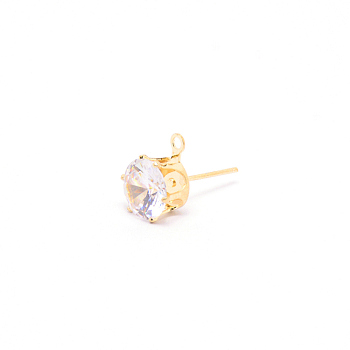 Iron Stud Earring Findings, with Clear Cubic Zirconia & Loop, Golden, 11x8.5mm, Hole: 1mm, Pin: 0.7mm, Cubic Zirconia: 8mm