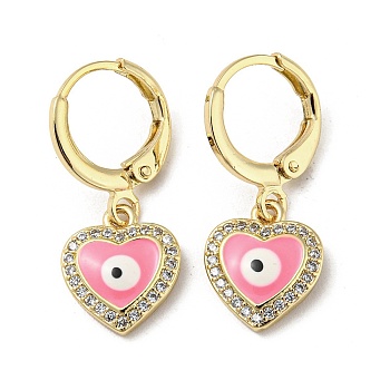 Real 18K Gold Plated Brass Dangle Leverback Earrings, with Enamel and Cubic Zirconia, Heart with Evil Eye, Deep Pink, 25x10.5mm