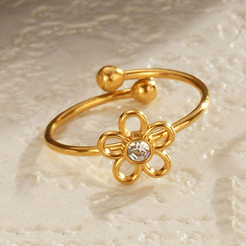 304 Stainless Steel Rhinestone Cuff Rings for Women, Flower, Real 18K Gold Plated, Inner Diameter: 17.5mm