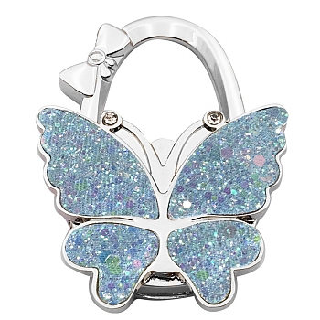 Glitter Butterfly Zinc Alloy Crystal Rhinestone Bag Hanger, Foldable Purse Hooks with Leather, Light Blue, 70x49x10mm