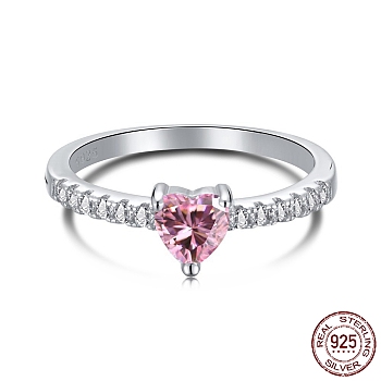 Rhodium Plated 925 Sterling Silver Finger Rings, Birthstone Ring, Engagement Ring, with Cubic Zirconia Heart & 925 Stamp for Women, Real Platinum Plated, Pearl Pink, 1.7mm, US Size 7(17.3mm)