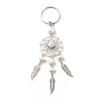 Natural Howlite Keychain, with Iron, 304 Stainless Steel & Alloy Findings, Woven Net/Web with Feather, 11.4~11.8cm