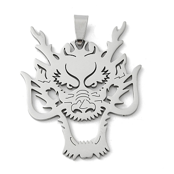 201 Stainless Steel Pendants, Hollow, Dragon Head Charm, Stainless Steel Color, 44x37.5x1.5mm, Hole: 8.5x4mm