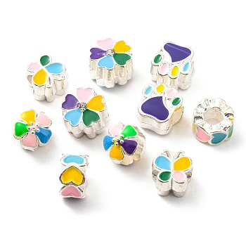 Alloy Eanmel European Beads, Large Hole Beads, Platinum, Flower & Butterfly & Paw Print, Mixed Color, 12x10.5x7.5mm, Hole: 5mm