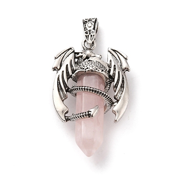 Natural Rose Quartz Pointed Pendants, Faceted Bullet Charms, with Rack Plating Platinum Tone Alloy Dragon Findings, Cadmium Free & Lead Free, 39~41x24~25x13~14mm, Hole: 4x8mm