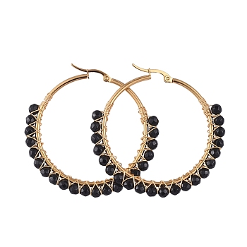 Beaded Hoop Earrings, with Natural Black Agate Beads, Golden Plated 304 Stainless Steel Hoop Earrings and Cardboard Packing Box, 50mm, Pin: 0.6x1mm