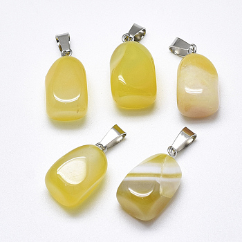 Natural Banded Agate/Striped Agate Pendants, Dyed, with Stainless Steel Snap On Bails, Cuboid, Stainless Steel Color, Champagne Yellow, 20~23x9~13x9~13mm, Hole: 3~4x7~8.5mm