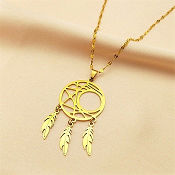 Woven Net/Web with Feather 304 Stainless Steel Pendant Necklaces for Women, Golden, 15.98 inch(40.6cm)