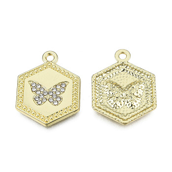 Rack Plating Alloy Pendants, with Crystal Rhinestone, Hexagon with Butterfly, Cadmium Free & Nickel Free & Lead Free, Light Gold, 24x18x2mm, Hole: 1.8mm