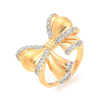 Brass Micro Pave Cubic Zirconia Adjustable Rings, Bowknot, Real 18K Gold Plated, Inner Diameter: 17.4mm