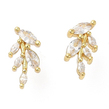 Rack Plating Brass Leaf Stud Earrings with Cubic Zirconia, Lead Free & Cadmium Free, Real 18K Gold Plated, 13x7mm