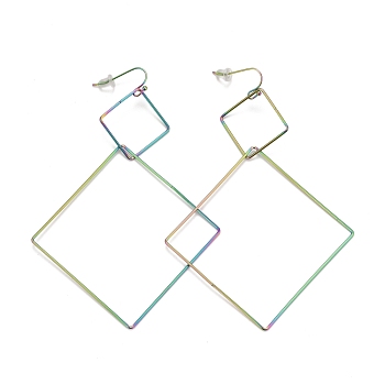 Ion Plating(IP) Rainbow Color Rhombus 304 Stainless Steel Dangle Earrings for Women, 108.5x69x1.8mm, Pin: 0.6mm