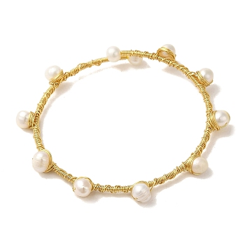 Natural Pearl Beaded Cuff Bangle, Brass Wire Wrapped Bangle, Real 14K Gold Plated, Inner Diameter: 2-3/8 inch(5.9cm)