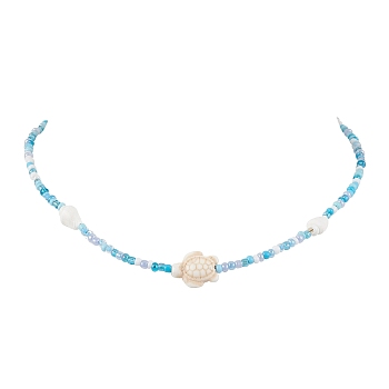 Summer Beach Sea Turtle Dyed Synthetic Turquoise & Glass Seed Beads Beaded Necklaces for Women, Floral White, 15.83 inch(40.2cm)