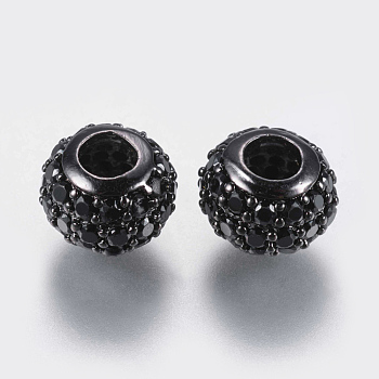 Brass Micro Pave Cubic Zirconia Beads, Rondelle, Black, Gunmetal, 8x5.5mm, Hole: 3mm