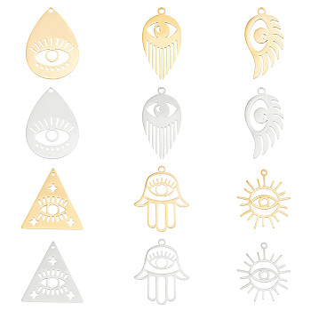 AHADERMAKER 12Pcs 12 Styles 201 Stainless Steel Pendants, Laser Cut, Teardrop & Triangle & Wing with Evil Eye Charm, Golden & Stainless Steel Color, 25~30x15.5~23x1mm, Hole: 1.2~2mm, 1pc/style