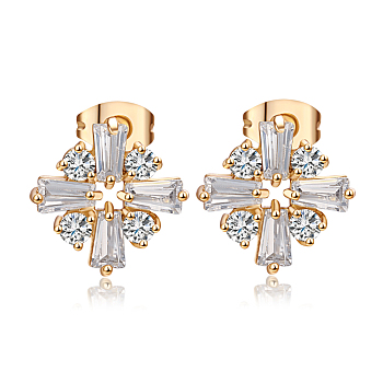 Real 18K Gold Plated Flower Brass Cubic Zirconia Stud Earrings, Clear, 14x14mm