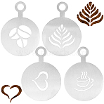 430 Stainless Steel Coffee Latte Art Molds, Coffee Stencils, Flat Round with Coffee Bean/Leaf/Heart/Cup Pattern, Stainless Steel Color, 121x86x0.6mm, Hole: 14.5mm, 4pcs/set(AJEW-WH0038-40P)