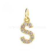 Brass Cubic Zirconia Pendants with Jump Rings, Real 18K Gold Plated, Letter S, 15.8x7.7x2.2mm, Hole: 2.8mm(FIND-PW0024-09S)
