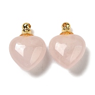 Natural Rose Quartz Perfume Bottle Pendants, Heart Charms with Golden Plated 304 Stainless Steel Findings, 28x20x12mm, Hole: 2mm(G-Z039-03G-02)