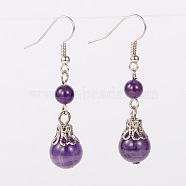 Natural Gemstone Dangle Earrings, with Iron Bead Caps and Brass Earring Hooks, Platinum, Amethyst, 47mm, Pin: 0.7mm(EJEW-JE01374-05)