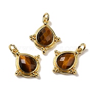 Natural Tiger Eye Faceted Pendants, Rhombus Charms with Rack Plating Golden Tone Brass Findings, Cadmium Free & Lead Free, 19.5x16x5mm, Hole: 3mm(G-C096-02G-06)