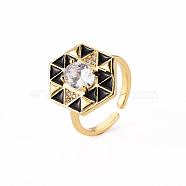 Brass Micro Pave Clear Cubic Zirconia Cuff Rings, Open Rings, with Enamel, Cadmium Free & Nickel Free & Lead Free, Hexagon, Real 16K Gold Plated, Black, US Size 6, Inner Diameter: 17mm(RJEW-S045-084E-NR)