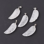 Natural Quartz Crystal Pendants, Rock Crystal Pendants, with Platinum Plated Brass Loops, Wing, 36x15~16.6x6.5~7.7mm, Hole: 5x4mm(G-I314-01P-05)