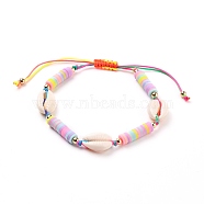 Adjustable Nylon Cord Braided Bead Bracelet, with Polymer Clay Heishi Beads, Natural Cowrie Shell Beads and Brass Round Beads, Golden, Colorful, Inner Diameter: 1-7/8~3 inch(4.7~7.6cm)(BJEW-JB05729-01)
