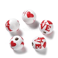 Valentine's Day Theme Printed Wood Beads, Round, Word, 15~16x14.5~15mm, Hole: 3~4mm(WOOD-G017-02A)