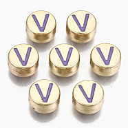 Alloy Enamel Beads, Cadmium Free & Lead Free, Flat Round with Initial Letters, Light Gold, Medium Purple, Letter.V, 8x4mm, Hole: 1.5mm(X-ENAM-S122-029V-RS)
