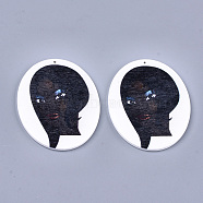 Printed Wooden Big Pendants, Dyed, Oval with Woman, Black, 63x50x2.5mm, Hole: 1.2mm(X-WOOD-S050-09H)