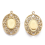 304 Stainless Steel Pendant Cabochon Settings, Oval, Nickel Free, Real 14K Gold Plated, Tray: 6.5x8.5mm, 21x15x2.5mm, Hole: 1.5mm(STAS-T060-43G)