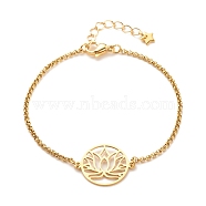 201 Stainless Steel Lotus Links Bracelet with 304 Stainless Steel Box Chains for Women, Golden, 7-1/2 inch(19cm)(BJEW-JB08281-04)