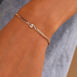 Brass Rhinestone Cuban Chain Evil Eye Bracelet for Women, Rose Gold, 7-7/8 inch(20cm)(PW-WGA8484-03)