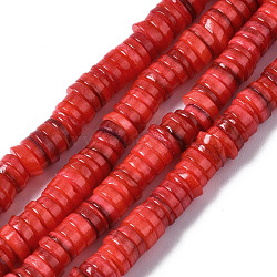 Natural Freshwater Shell Beads Strands, Dyed, Flat Round/Disc, Heishi Beads, Orange Red, 5~6x1~2mm, Hole: 1mm, about 205~215pcs/strand, 15.35 inch(39cm)(SHEL-S278-025G)
