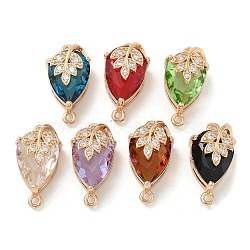 Brass Pave Faceted Glass Teardrop Connector Charms, Clear Cubic Zirconia Leaf Links, Light Gold, Mixed Color, 21x11.5x10mm, Hole: 1.2mm(KK-G517-10G)