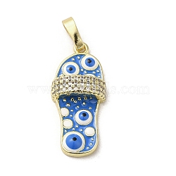 Brass Micro Pave Cubic Zirconia Pendants, with Enamel, Real 18K Gold Plated, Slipper
 with Evil Eye, Dodger Blue, 23x10.5x5mm, Hole: 3.5x5.5mm(KK-E092-18G-02)