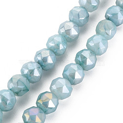 Electroplate Glass Beads Strands, Faceted, Round, Light Sea Green, 7.5x8mm, Hole: 1.2mm, about 50pcs/strand, 14.76 inch(37.5cm)(EGLA-T008-025F)